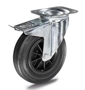 Massivgummihjul, plastfälg, ØxB 200x50 mm, länkhjul med broms, max 205 kg Massivgummihjul, plastfälg, ØxB 200x50 mm, länkhjul med broms, max 205 kg