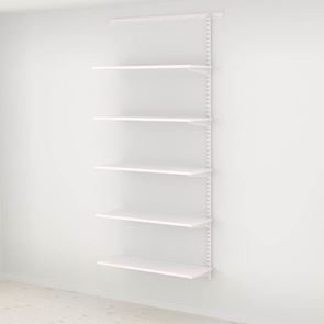 Hyldesystem ELFA Væghylde høj tilbygning, hvid laminat, 5 hylder, 1 bæreliste, 1 hængeskinne, 5 konsoller Hyldesystem ELFA Væghylde høj tilbygning, hvid laminat, 5 hylder, 1 bæreliste, 1 hængeskinne, 5 konsoller