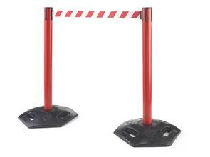 Avsperringsstolper med bånd, 2-pk Melinda, for utendørs bruk, uttrekk 3700 mm, stolpe rød, bånd rødt/hvitt