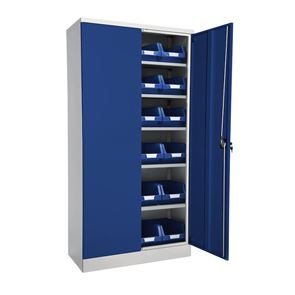 Oppbevaringsskap med lagerbokser Nilas, HxBxD 1830 x 915 x 421 mm, stamme lysegrå / dør blå / bokser blå