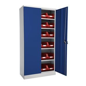 Oppbevaringsskap med lagerbokser Nilas, HxBxD 1830 x 915 x 421 mm, stamme lysegrå / dør blå / bokser røde