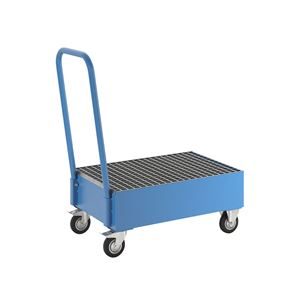 Flyttbart oppsamlingskar i stål Mona, LxB 800 x 500 mm, 2 x 60-liters fat stående, blå RAL 5012