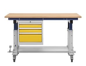 Hev- og senk arbeidsbord med skuffeskap Rango, kryssfinerplate i bøk, BxD 1600 x 790 mm