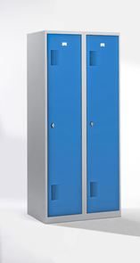 Omklædningsskab med skillevæg Amsterdam, 2 sektioner, lysegrå / lyseblå, bredde 800 mm
