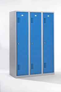 Omklædningsskab med skillevæg Amsterdam, 3 sektioner, lysegrå / lyseblå, bredde 1200 mm