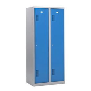 Omklædningsskab Amsterdam, 2 sektioner, lysegrå / lyseblå, bredde 800 mm, cylinderlås