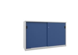 Stålskap med skyvedører, for tung belastning Ellinor, høyde 1200 mm, dører i hel platestål, BxD 2000 x 600 mm, med skillevegg og 2 x 2 hylleplater, dør gentianablå