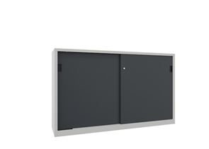 Stålskap med skyvedører, for tung belastning Ellinor, høyde 1200 mm, dører i hel platestål, BxD 2000 x 600 mm, med skillevegg og 2 x 2 hylleplater, dør antrasitt