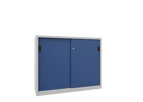 Stålskap med skyvedører, for tung belastning Ellinor, høyde 1200 mm, dører i hel platestål, BxD 1500 x 600 mm, med skillevegg og 2 x 2 hylleplater, dør gentianablå