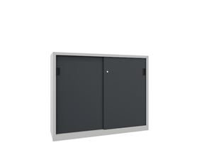 Stålskap med skyvedører, for tung belastning Ellinor, høyde 1200 mm, dører i hel platestål, BxD 1500 x 600 mm, med skillevegg og 2 x 2 hylleplater, dør antrasitt