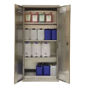 Kjemikalieskap, rustfritt stål Samuel, HxBxD 1950 x 950 x 420 mm, med 3 hylleplater og karhylle